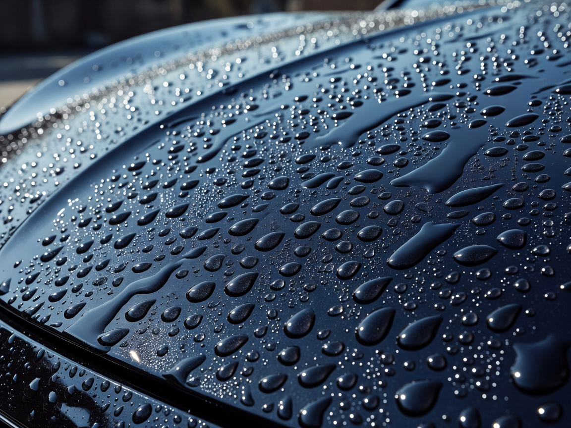 Water beading tightly on a recently protected car bonnet demonstrating hydrophobic properties