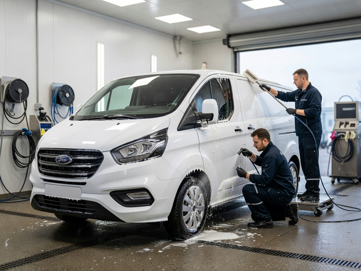 A commercial company van undergoing a safe wash routine to maintain a professional appearance