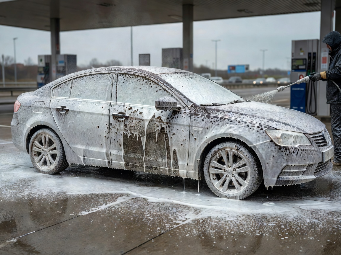 Vehicle receiving a pre-wash foam treatment to loosen UK motorway grime before contact washing