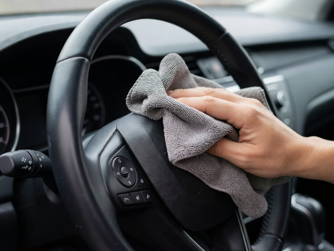 Close up of a microfibre cloth carefully wiping down a vehicle steering wheel and touch points